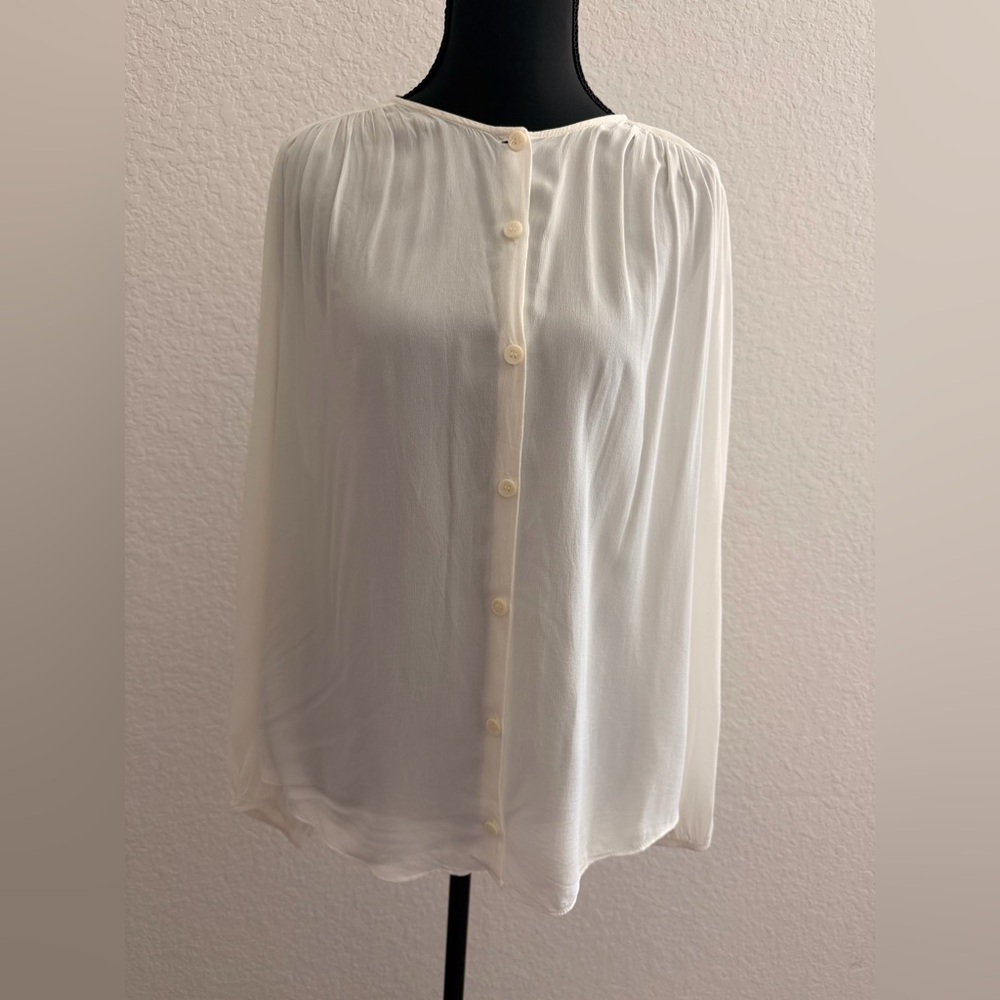 ZARA Off-White Pleated Neck Blouse | Women’s Long Sleeve Button-Down Shirt
